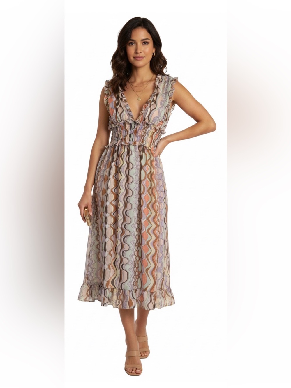 Charlotte Ruse Electric Geometric Midi Ruffled Smock Waist Dress Size Small